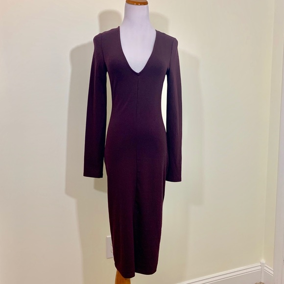 purple long sleeve midi dress